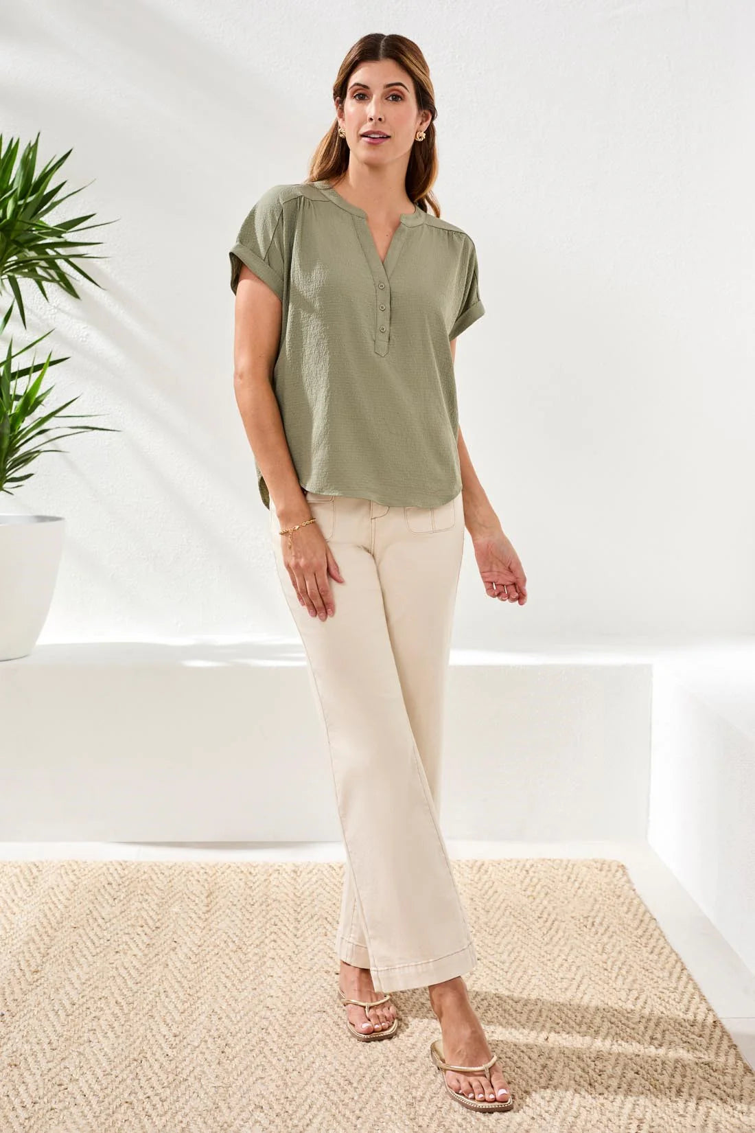 Button-Front Extended Cap Sleeve Blouse. Style TR6137O-5448