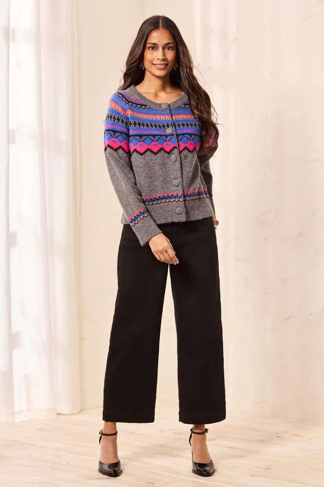 Fair Isle Button Front Sweater Cardigan. Style TR2312O-3814