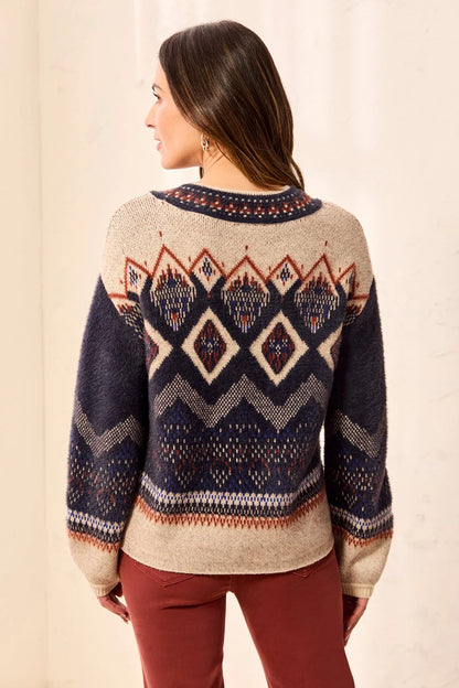 Fair Isle Mock Neck Eyelash Knit Sweater. Style TR3131O-8341