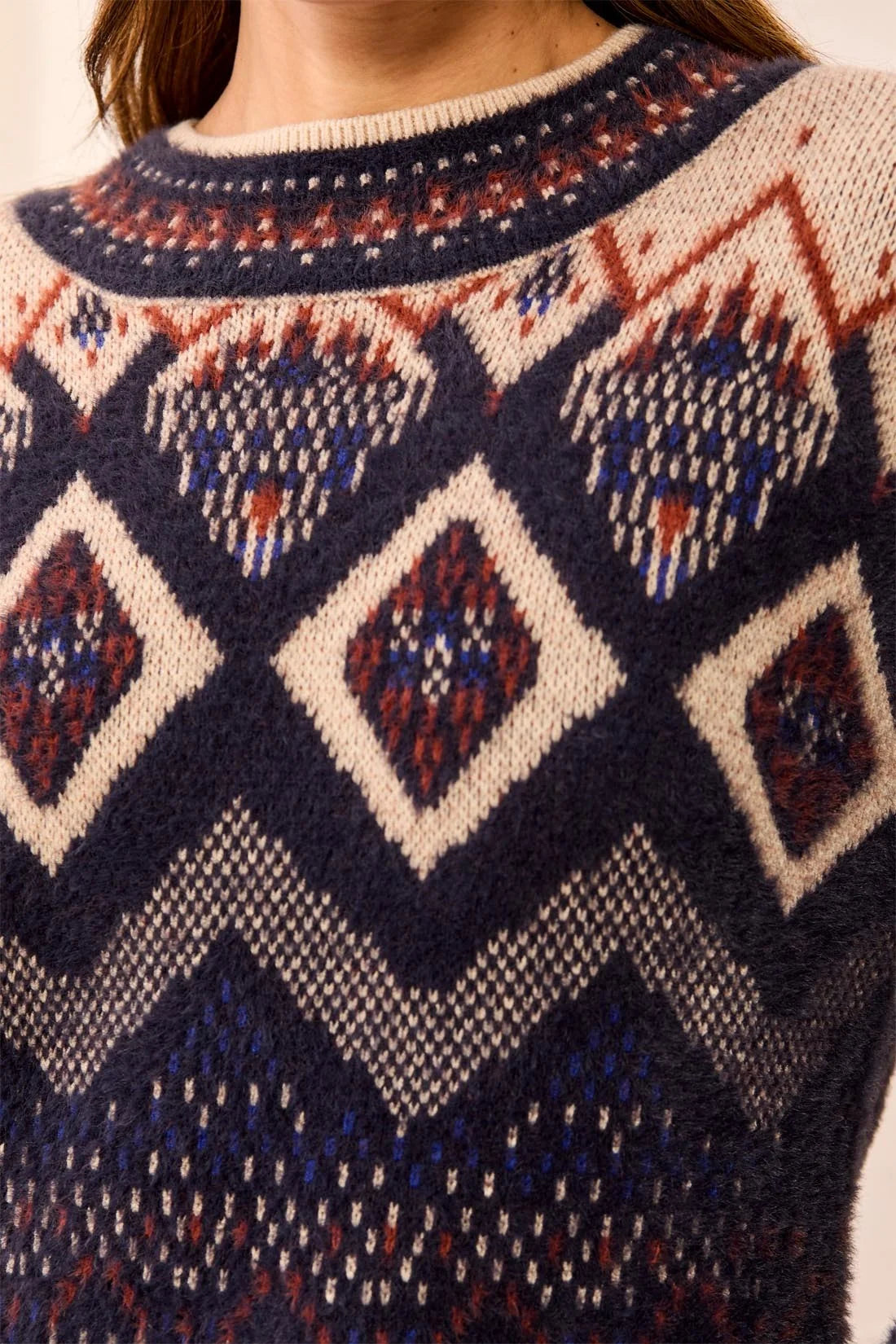 Fair Isle Mock Neck Eyelash Knit Sweater. Style TR3131O-8341
