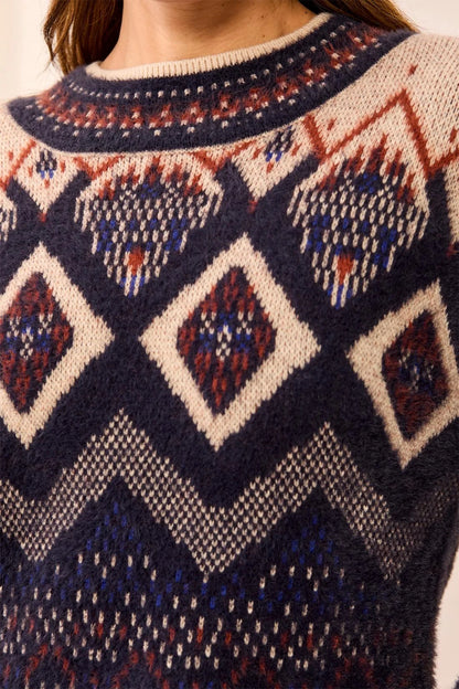 Fair Isle Mock Neck Eyelash Knit Sweater. Style TR3131O-8341