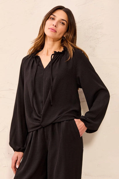 Flowy Long Puff Sleeves Notch Neck Tie Front Blouse. Style TR6250O-4835