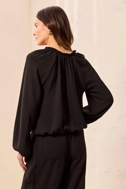 Flowy Long Puff Sleeves Notch Neck Tie Front Blouse. Style TR6250O-4835
