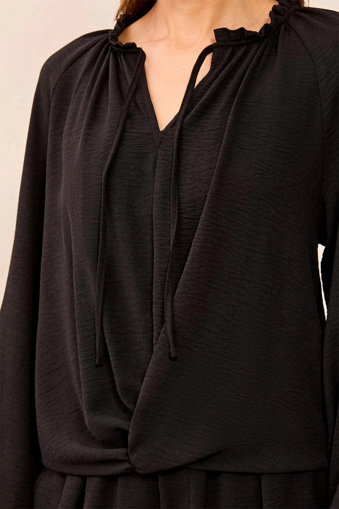 Flowy Long Puff Sleeves Notch Neck Tie Front Blouse. Style TR6250O-4835