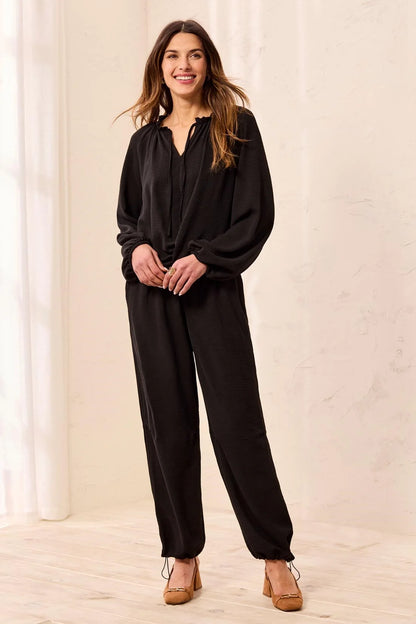 Flowy Long Puff Sleeves Notch Neck Tie Front Blouse. Style TR6250O-4835