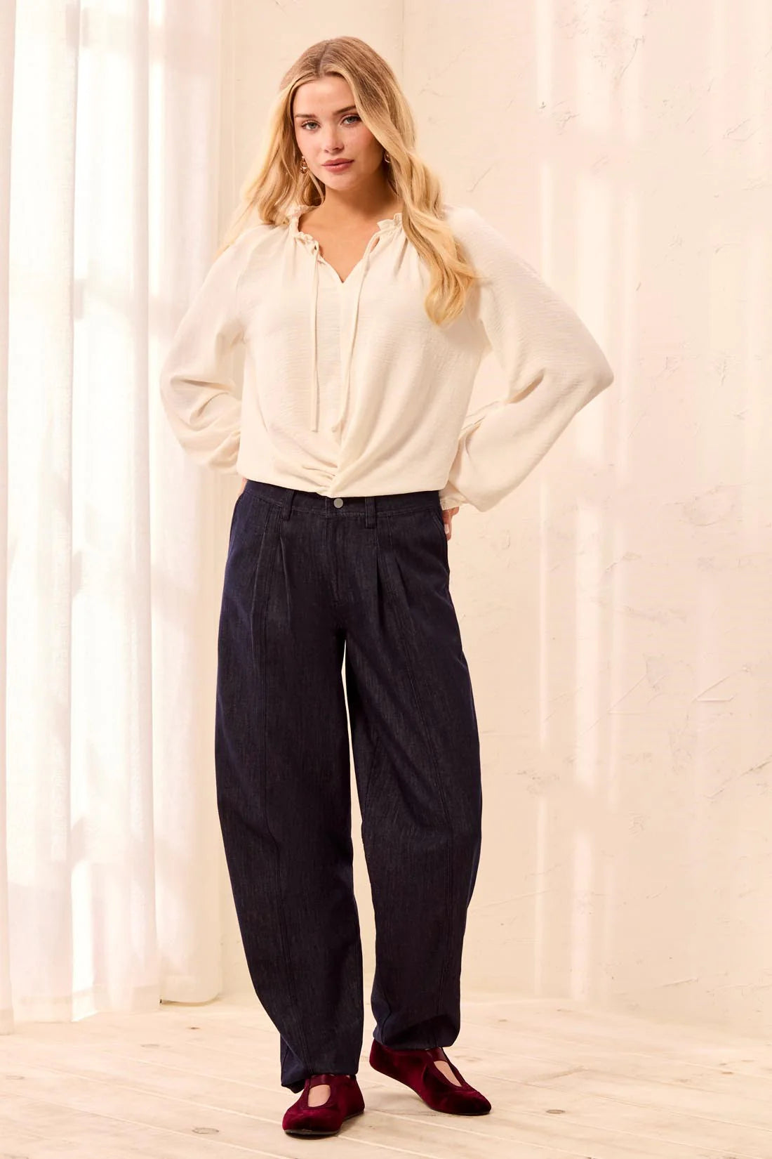 Flowy Long Puff Sleeves Notch Neck Tie Front Blouse. Style TR6250O-4835