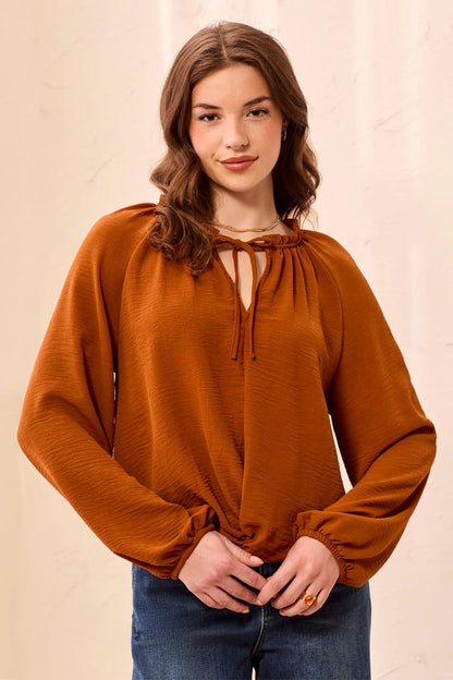 Flowy Long Puff Sleeves Notch Neck Tie Front Blouse. Style TR6250O-4835