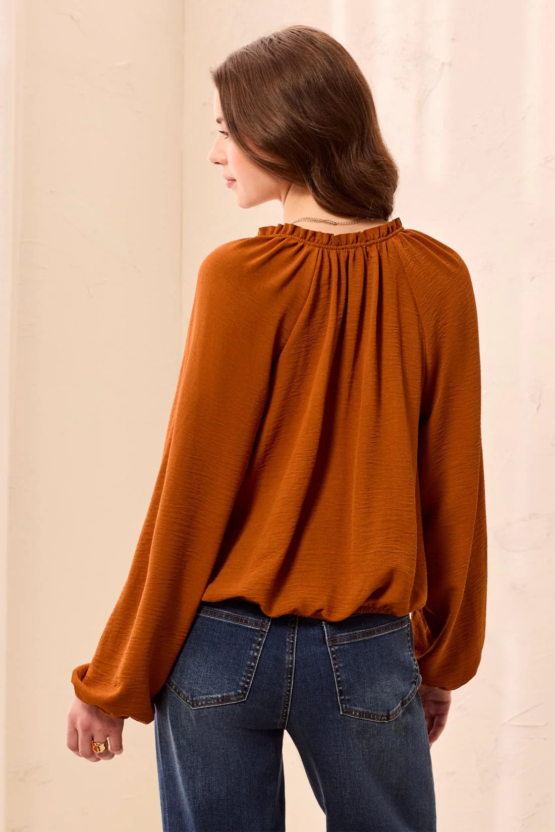 Flowy Long Puff Sleeves Notch Neck Tie Front Blouse. Style TR6250O-4835