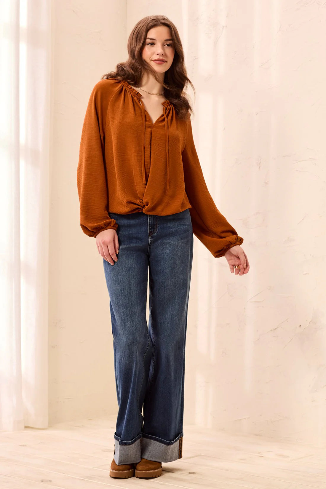 Flowy Long Puff Sleeves Notch Neck Tie Front Blouse. Style TR6250O-4835