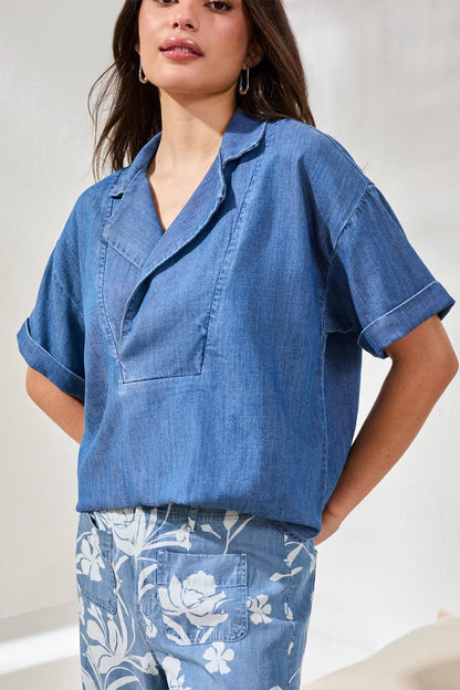 Flowy Short Sleeve Denim Collared Top. Style TR5739O-4984