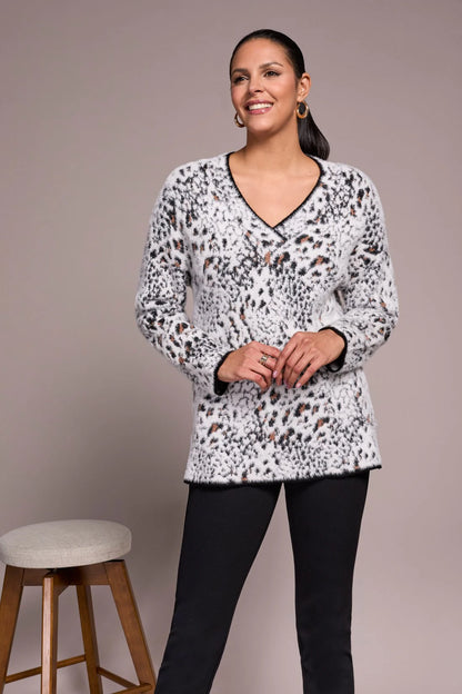 Fuzzy Animal Print Long-Sleeve V-Neck Sweater. Style TR2354O-8321