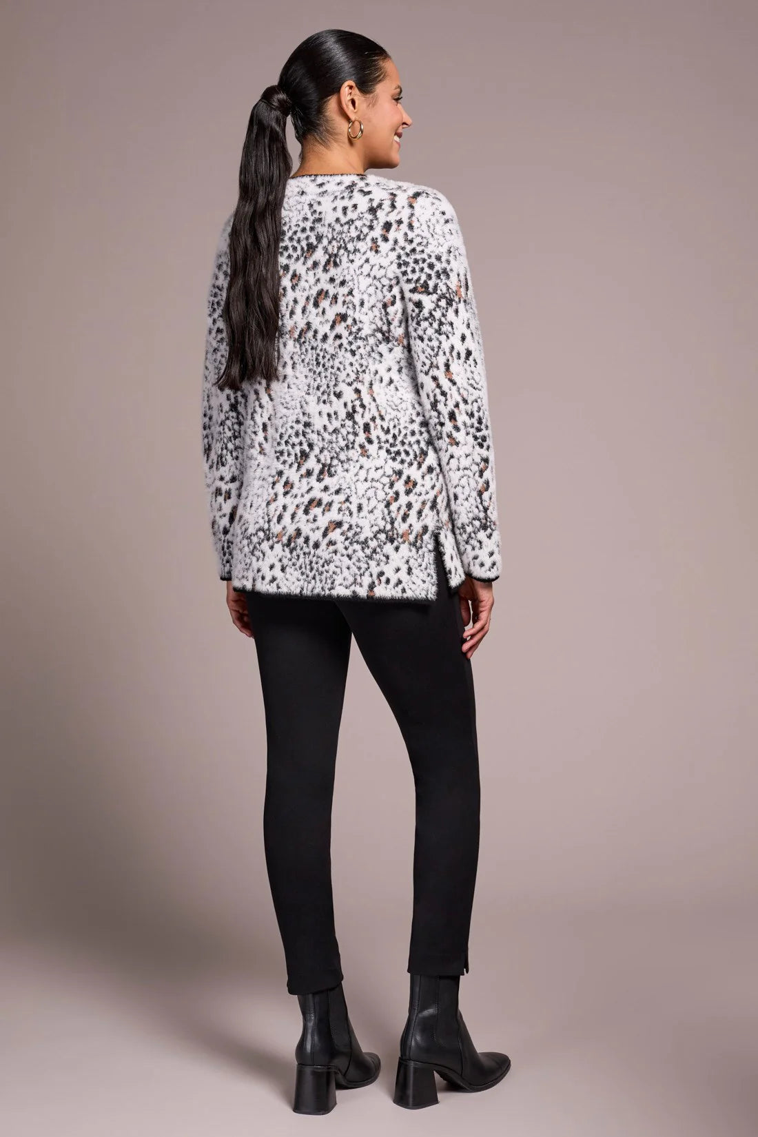 Fuzzy Animal Print Long-Sleeve V-Neck Sweater. Style TR2354O-8321