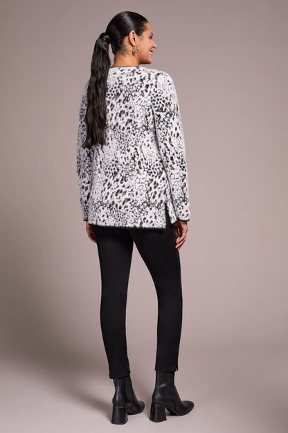 Fuzzy Animal Print Long-Sleeve V-Neck Sweater. Style TR2354O-8321