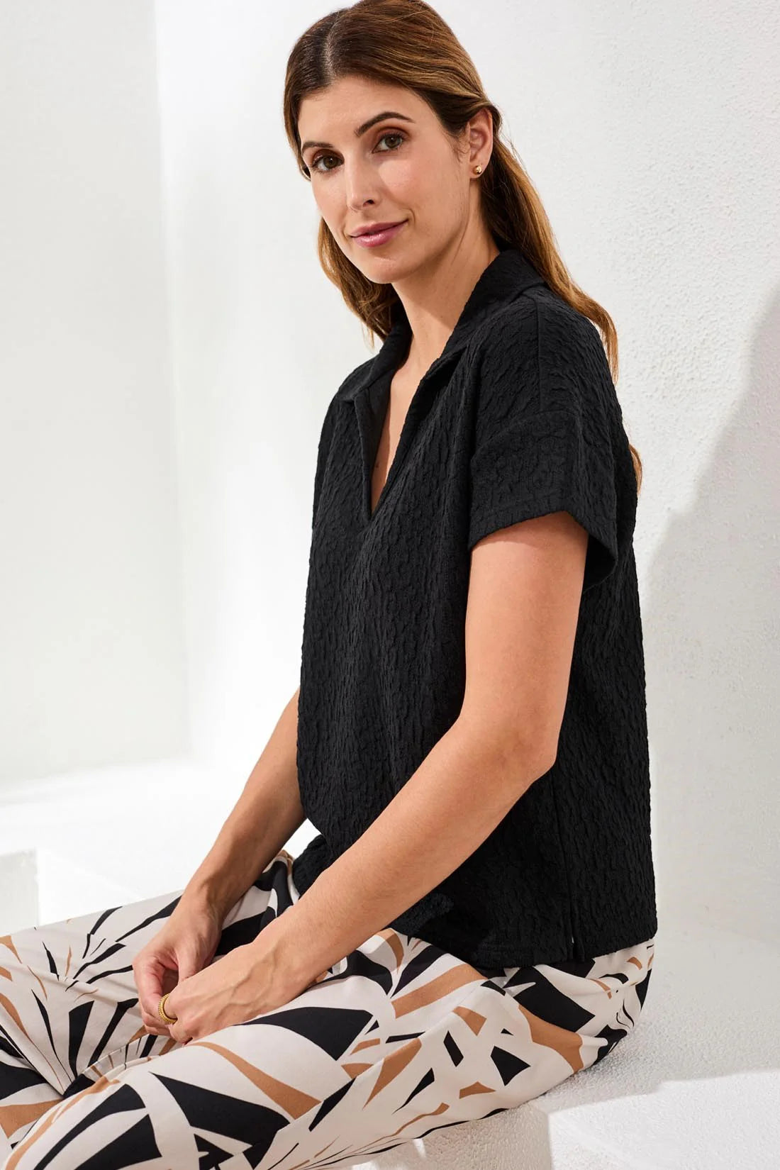 Textured Johnny Collar Short Sleeve Top. Style TR3083O-8456