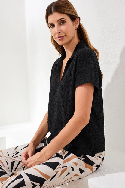 Textured Johnny Collar Short Sleeve Top. Style TR3083O-8456