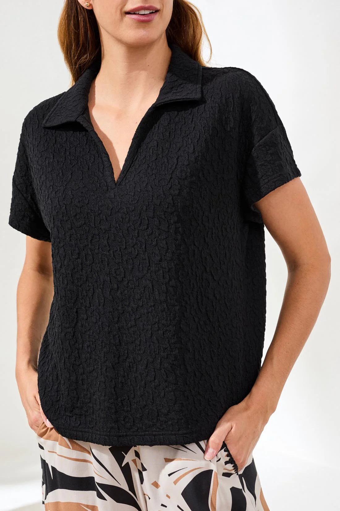 Textured Johnny Collar Short Sleeve Top. Style TR3083O-8456