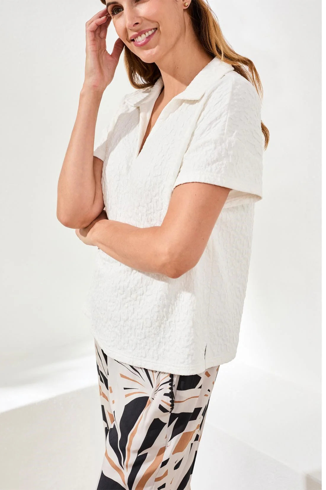 Textured Johnny Collar Short Sleeve Top. Style TR3083O-8456