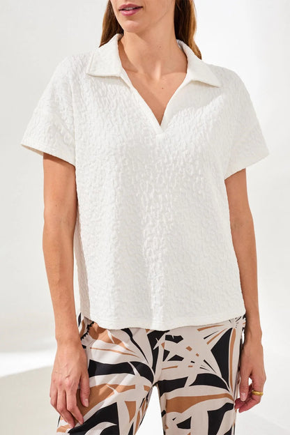 Textured Johnny Collar Short Sleeve Top. Style TR3083O-8456