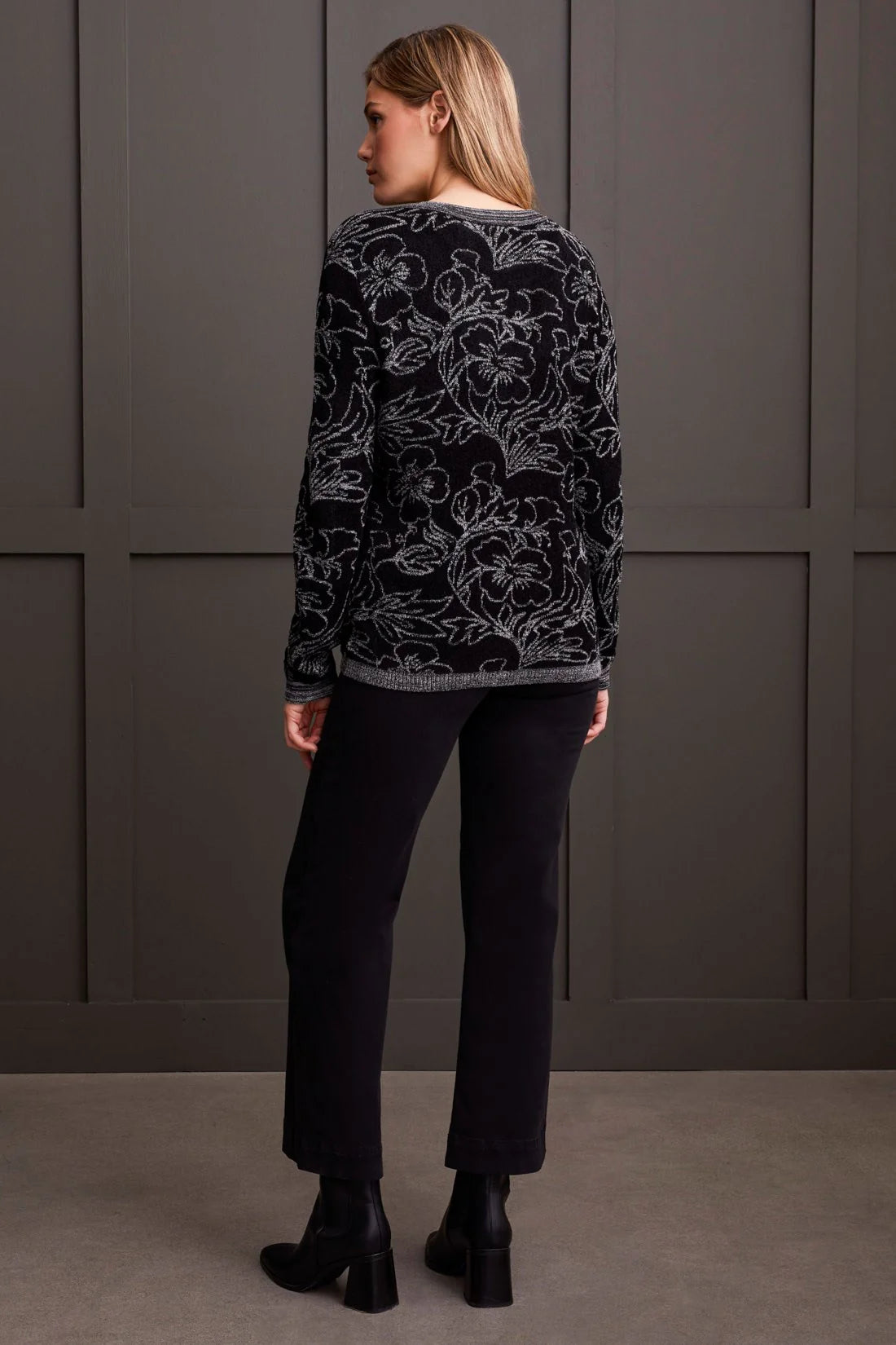 Jacquard Long Sleeve Scoop Neck Sweater. Style TR1958O-8032