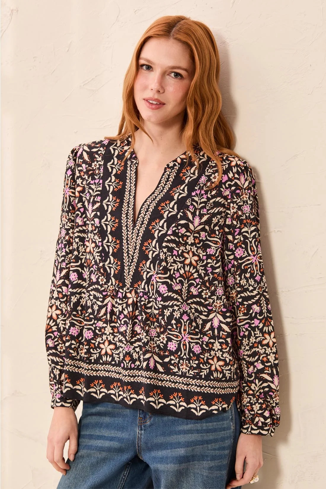 Jacquard Notch Neck Long Sleeve Empire Waist Blouse. Style TR3254O-3912