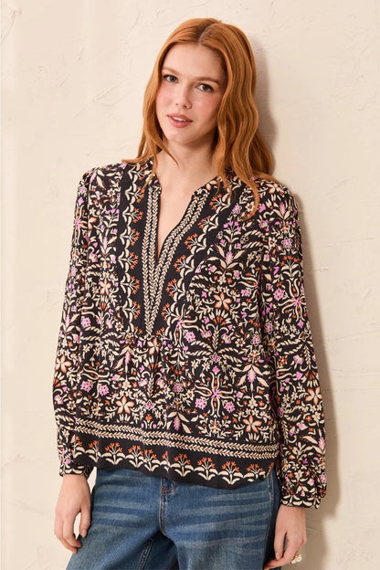Jacquard Notch Neck Long Sleeve Empire Waist Blouse. Style TR3254O-3912