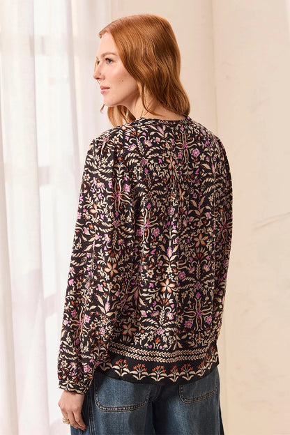 Jacquard Notch Neck Long Sleeve Empire Waist Blouse. Style TR3254O-3912