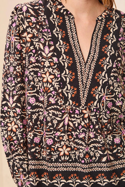Jacquard Notch Neck Long Sleeve Empire Waist Blouse. Style TR3254O-3912