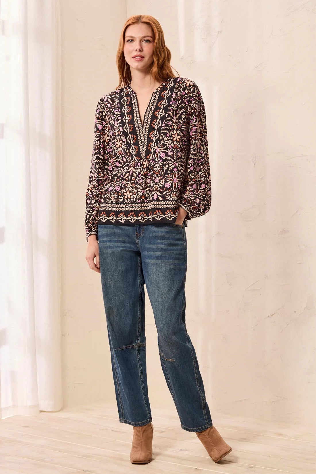 Jacquard Notch Neck Long Sleeve Empire Waist Blouse. Style TR3254O-3912