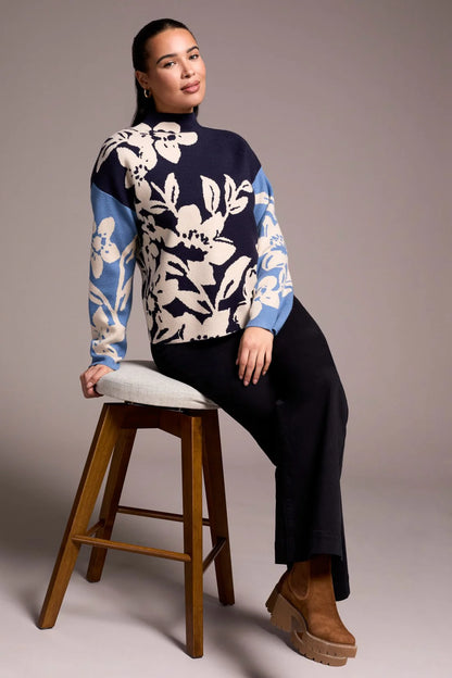 Floral Mock Neck Double Knit Sweater. Style TR1542O-8012