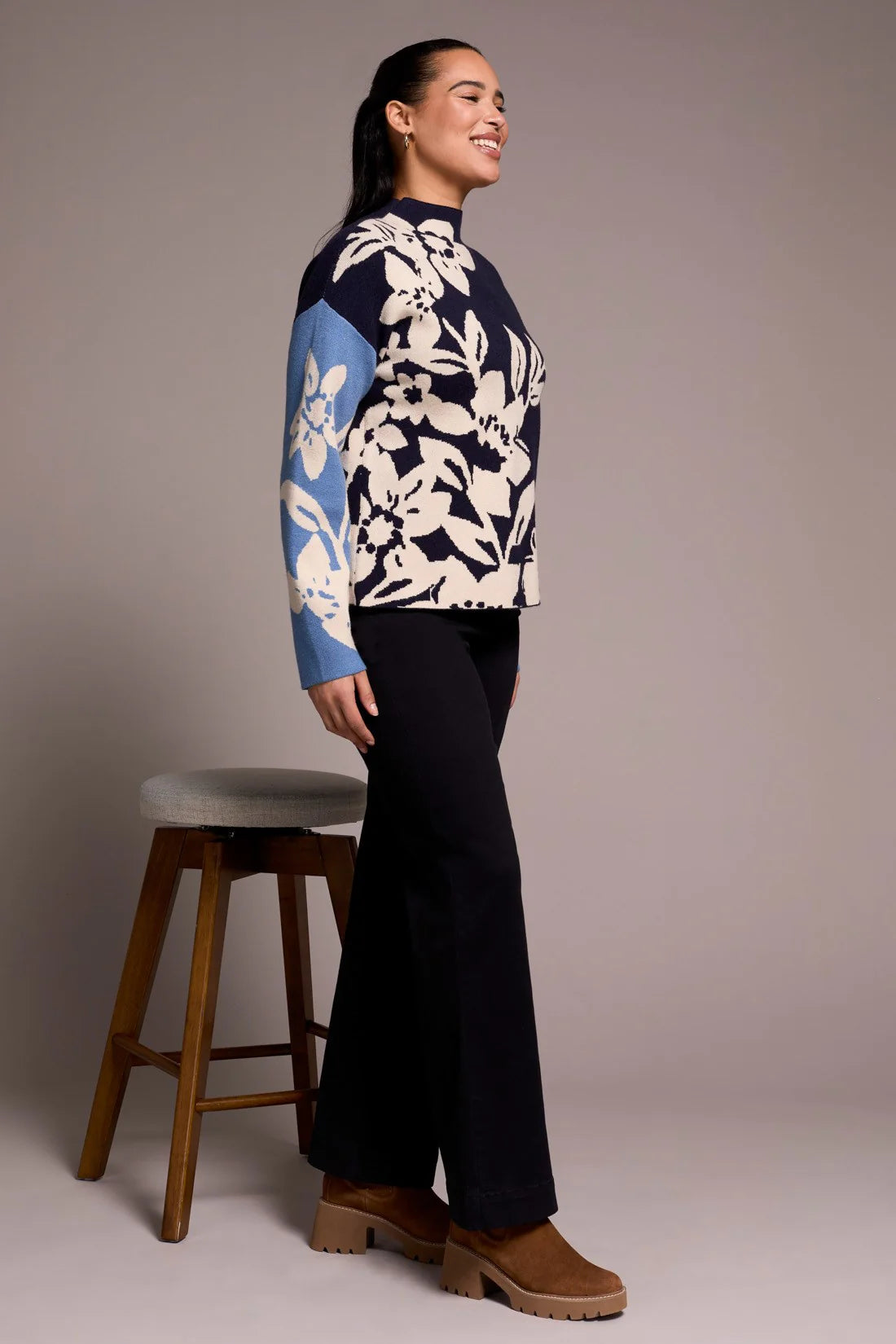 Floral Mock Neck Double Knit Sweater. Style TR1542O-8012