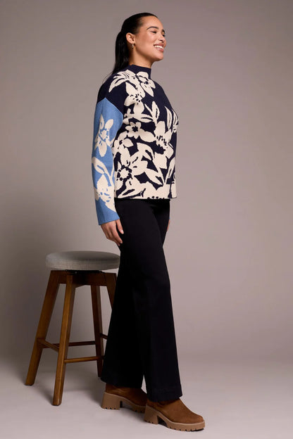 Floral Mock Neck Double Knit Sweater. Style TR1542O-8012