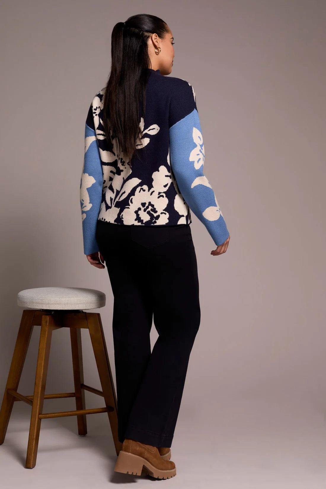 Floral Mock Neck Double Knit Sweater. Style TR1542O-8012