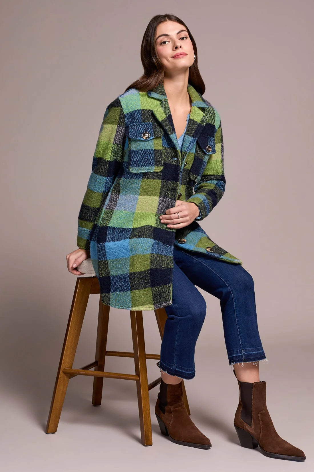 Green & Blue Plaid Knit Jacket. Style TR5966O-5056