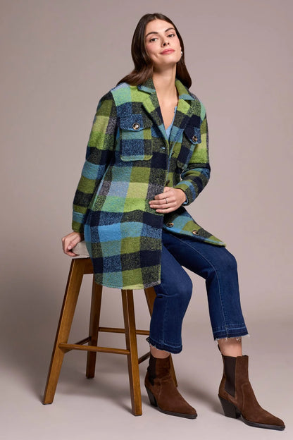 Green & Blue Plaid Knit Jacket. Style TR5966O-5056