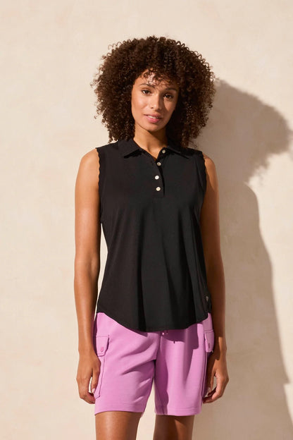 Sleeveless Scallop-Edge Rib Polo Top. Style TR2061O-3506