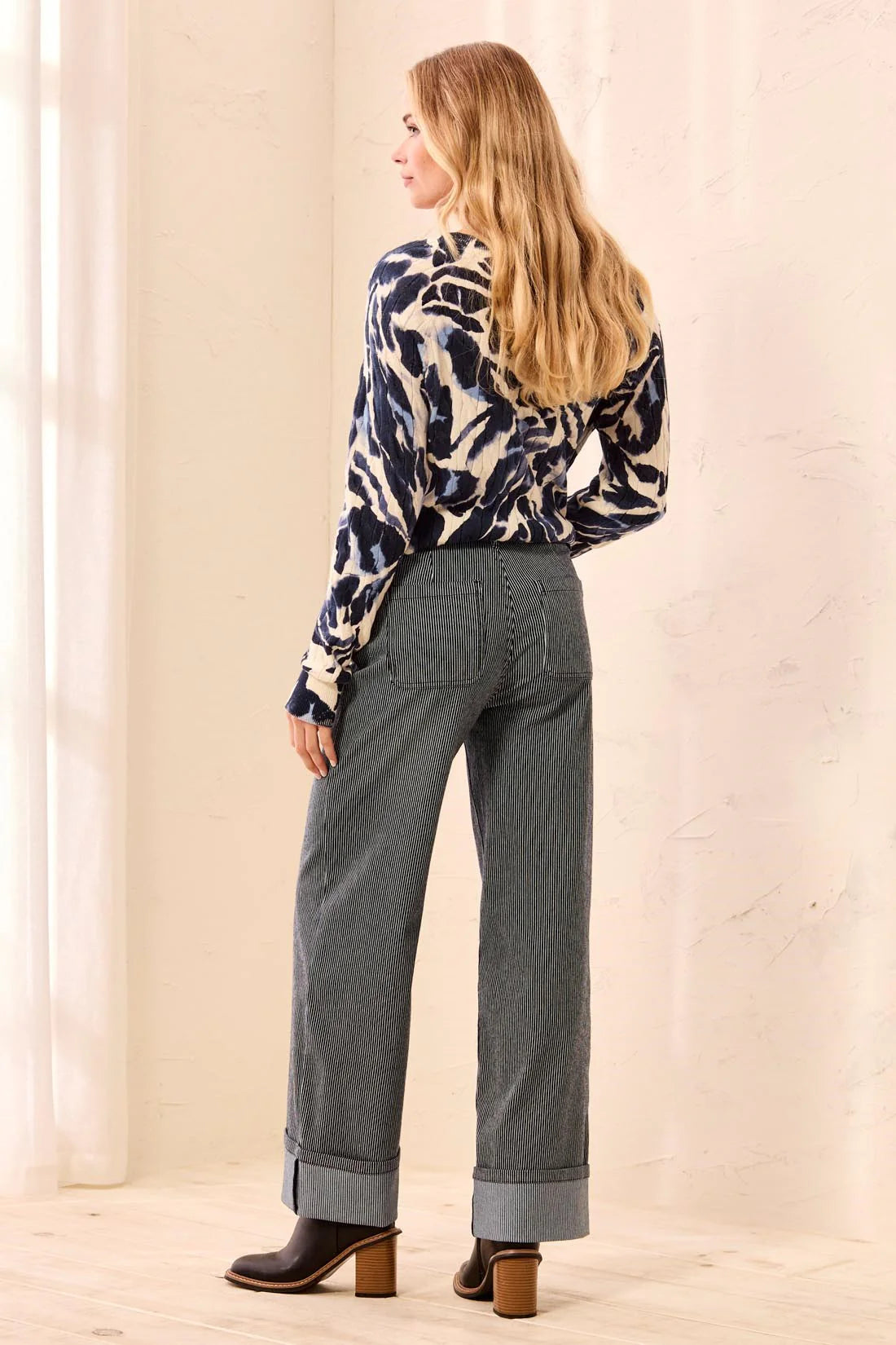 Lightweight Striped Wide Leg Cuffed Ankle Pants. Style TR3288O-3890