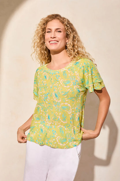 Linen Blend Ruffled Sleeve Top. Style TR2029O-1557