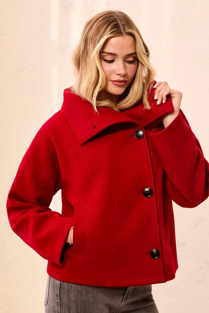 Lofty Knit Funnel Neck Button Front Jacket. Style TR6343O-5847