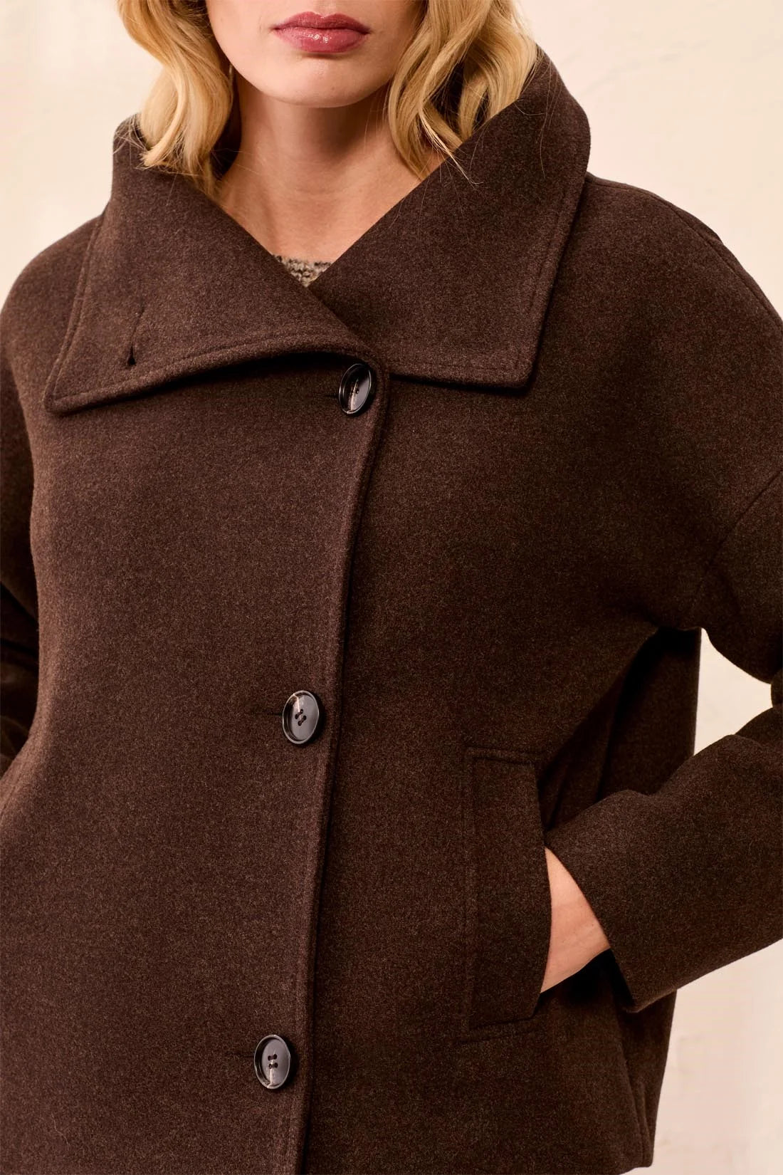 Lofty Knit Funnel Neck Button Front Jacket. Style TR6343O-5847