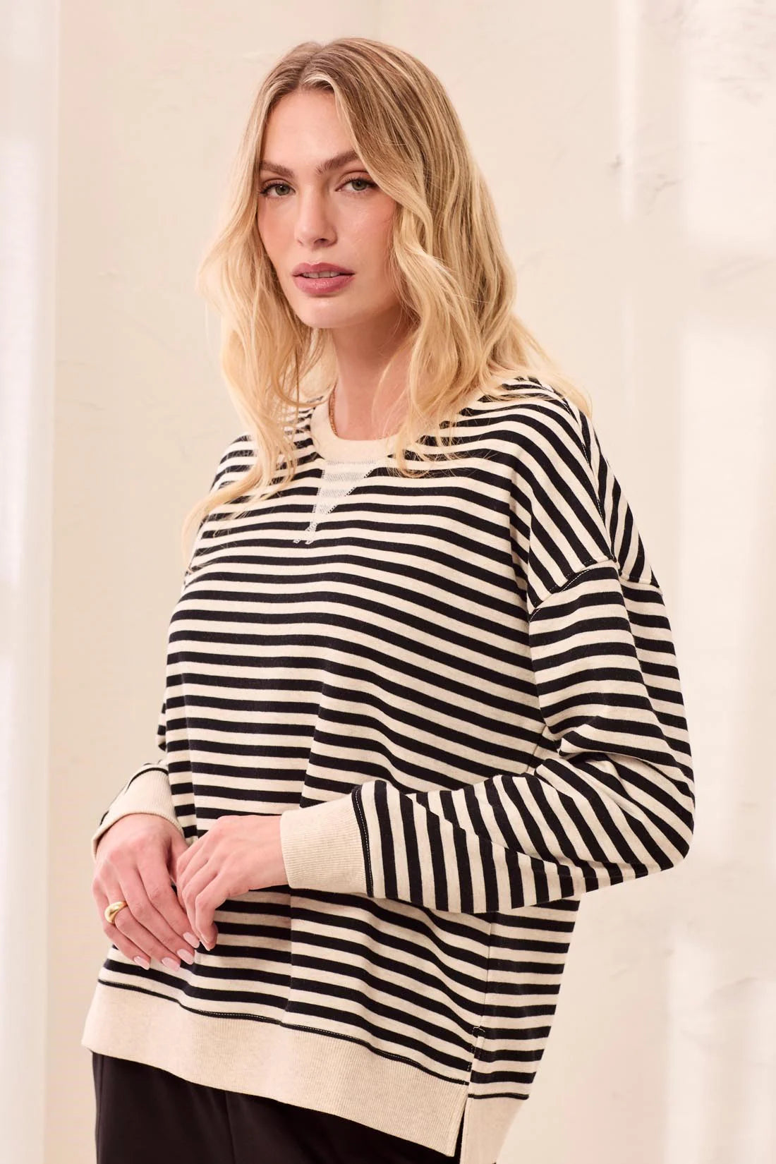 Long Sleeve Crew Neck Drop Shoulder Knit Top. Style TR2487O-8509