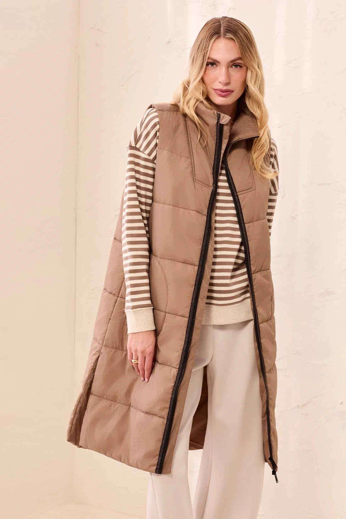 Long Zip-Front Quilted Vest. Style TR2314O-3823