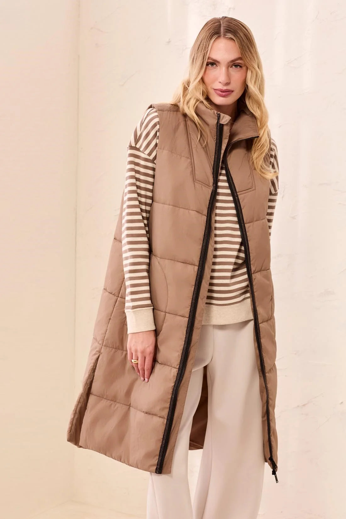 Long Zip-Front Quilted Vest. Style TR2314O-3823