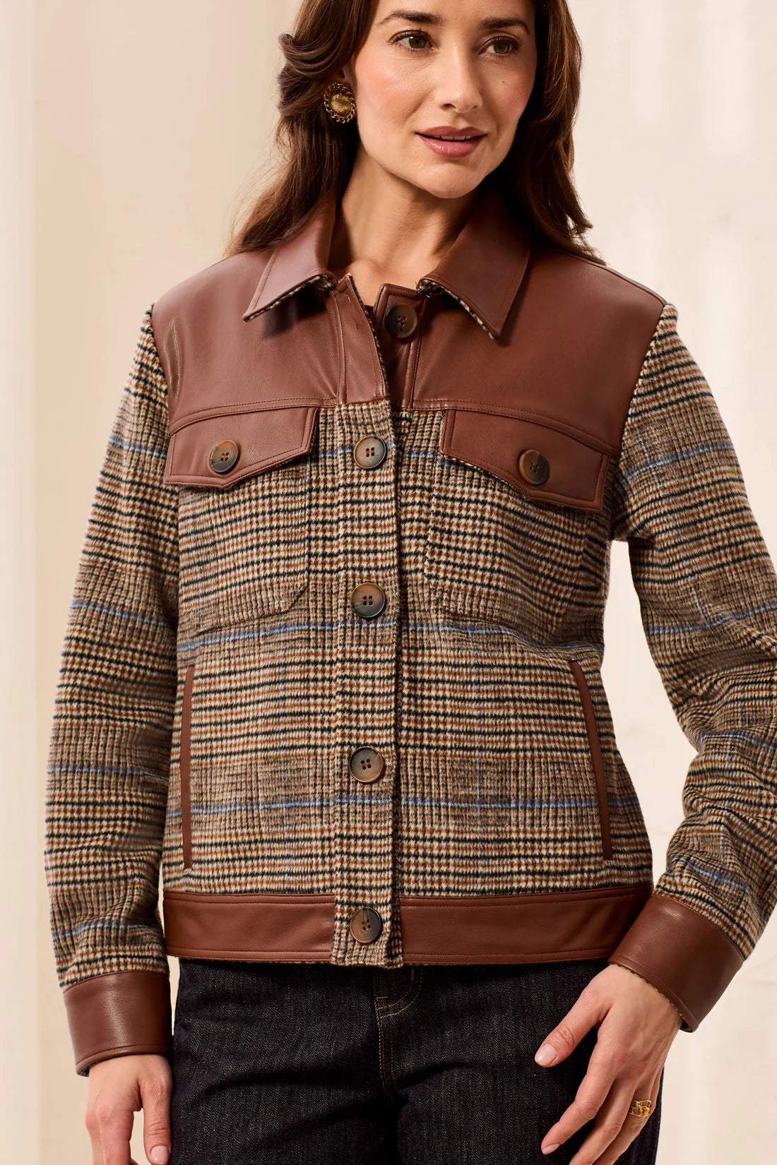 Mixed Media Faux Leather Trim Button-Front Plaid Shacket. Style TR6253O-4466