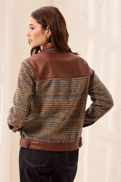 Mixed Media Faux Leather Trim Button-Front Plaid Shacket. Style TR6253O-4466