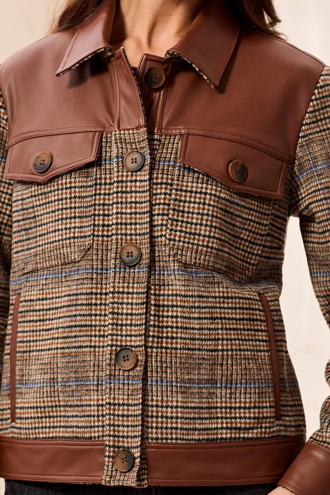 Mixed Media Faux Leather Trim Button-Front Plaid Shacket. Style TR6253O-4466