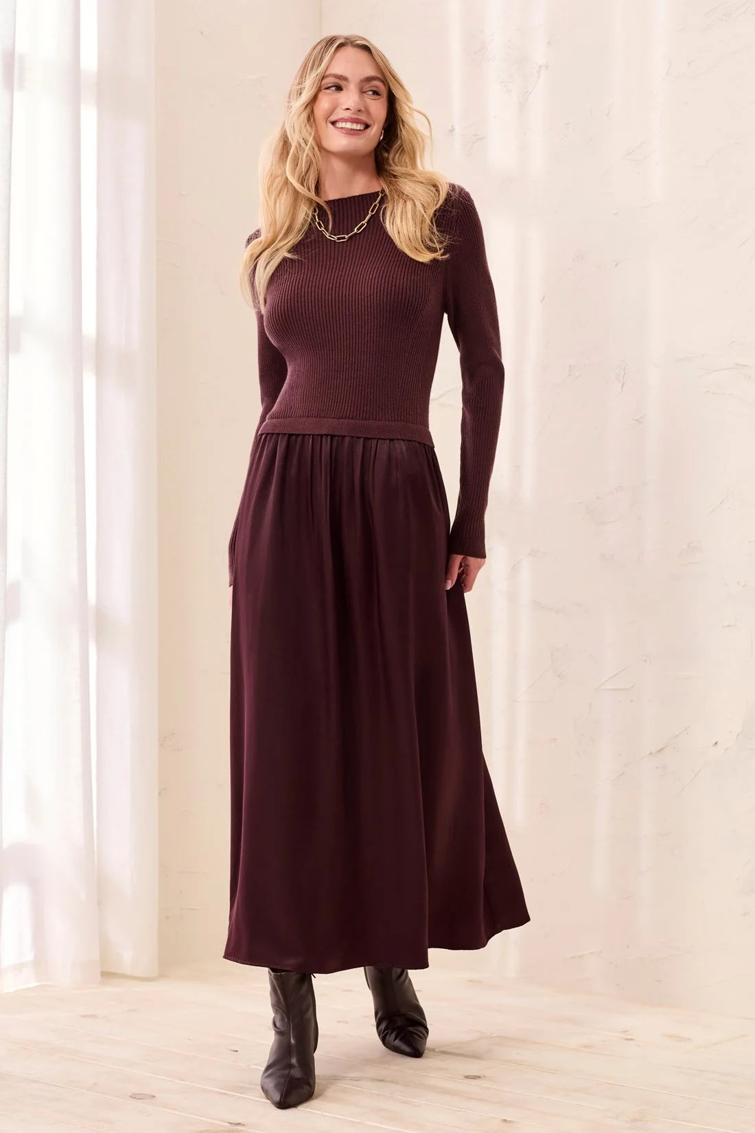 Mixed Media Long Sleeve Maxi Dress. Style TR3276O-8560