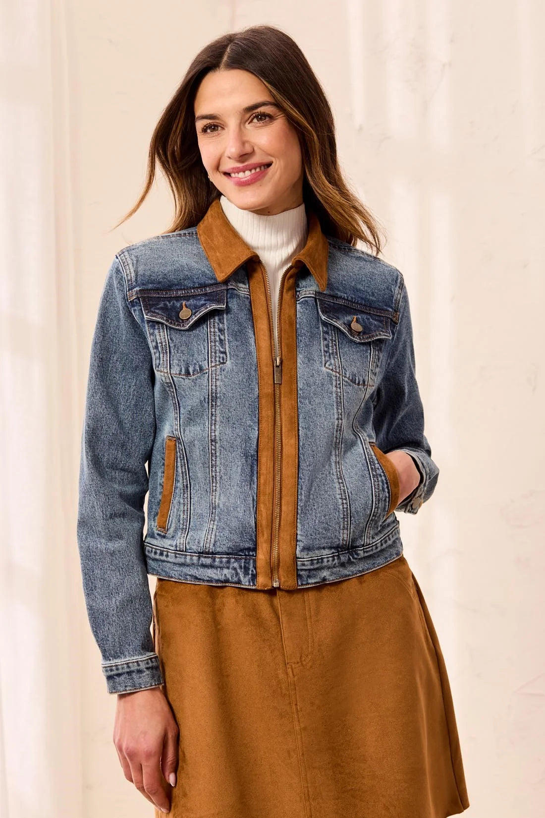 Mixed Media Zip Front Suede Trim Denim Jacket. Style TR6244O-5632