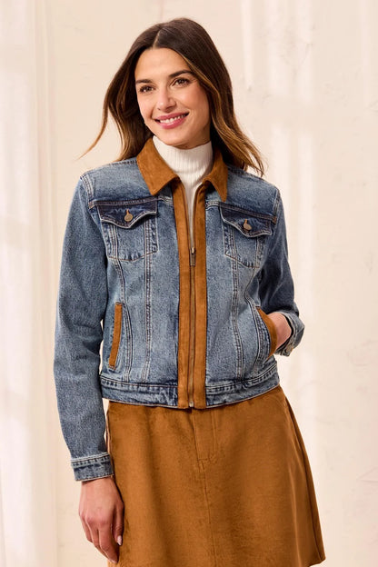 Mixed Media Zip Front Suede Trim Denim Jacket. Style TR6244O-5632