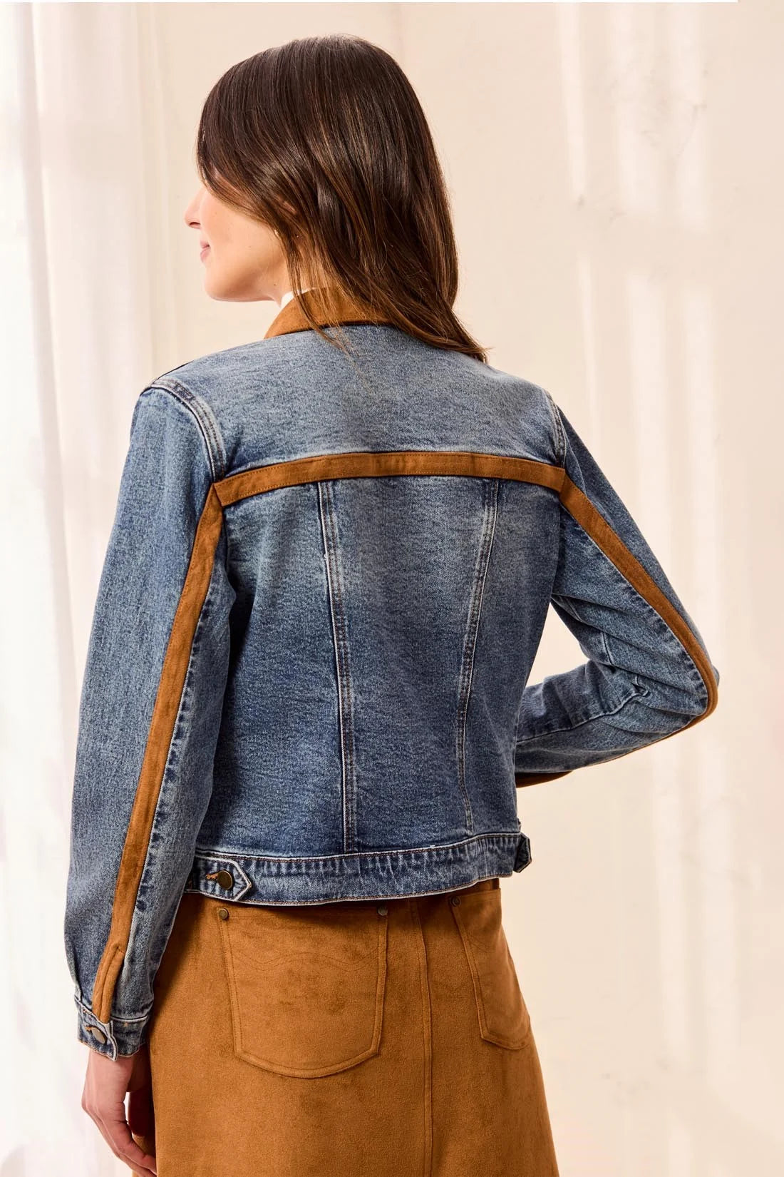 Mixed Media Zip Front Suede Trim Denim Jacket. Style TR6244O-5632