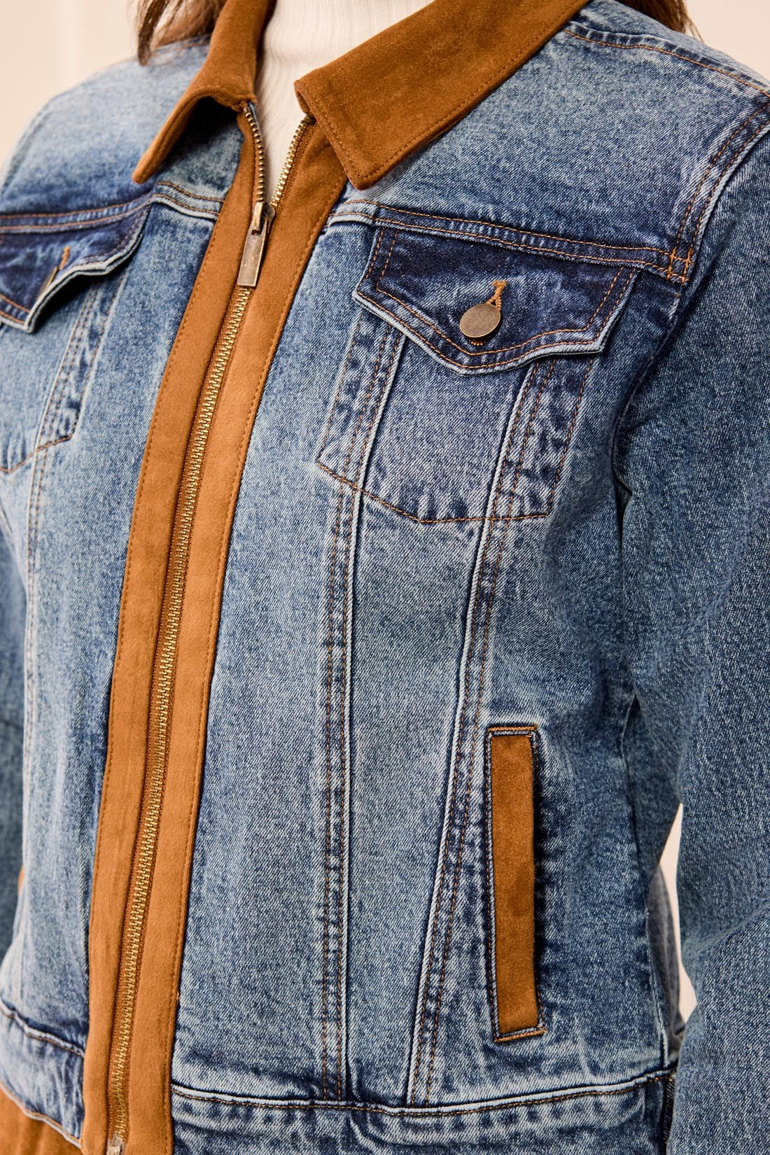 Mixed Media Zip Front Suede Trim Denim Jacket. Style TR6244O-5632
